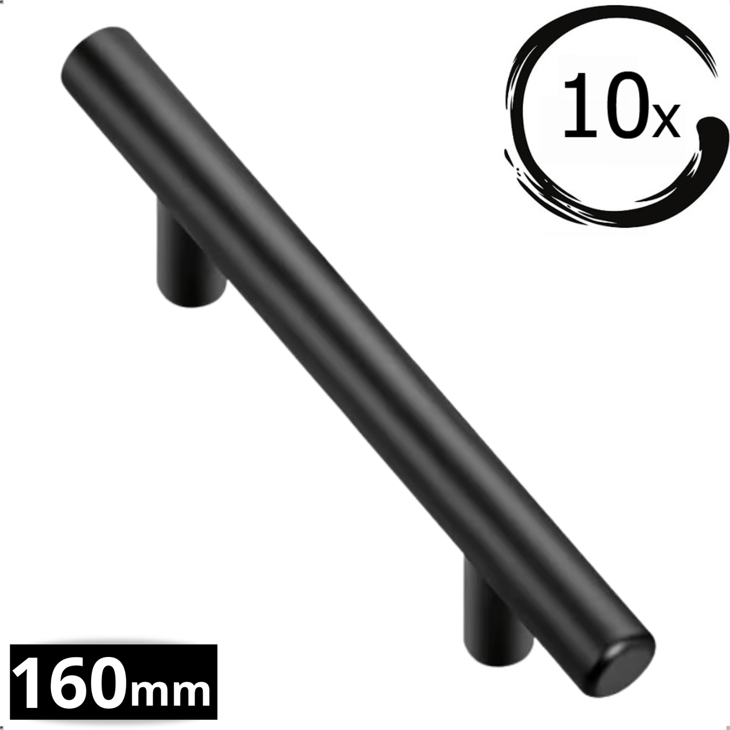 Set van 10 Denver handgrepen 160mm mat zwart RVS met robuuste rechte vorm en gepoedercoate afwerking