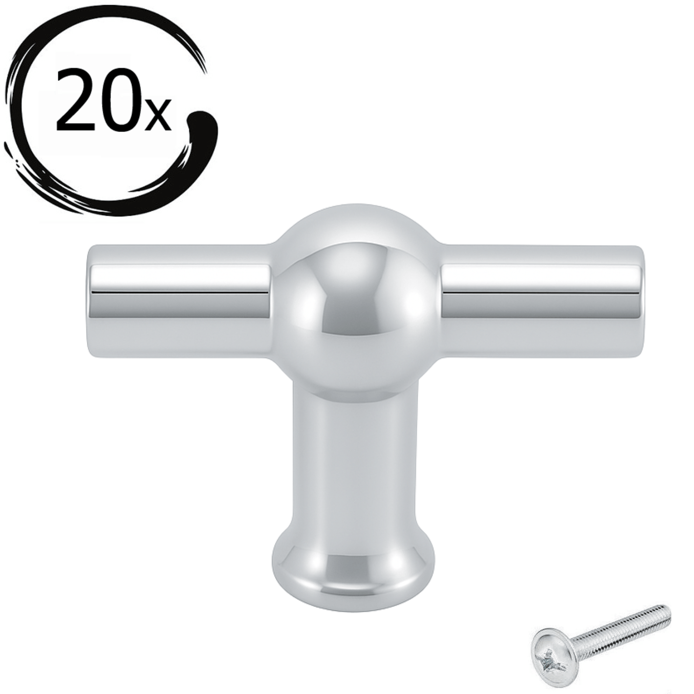 T-greep Kansas 48mm chroom set 20 stuks met bevestigingsschroef