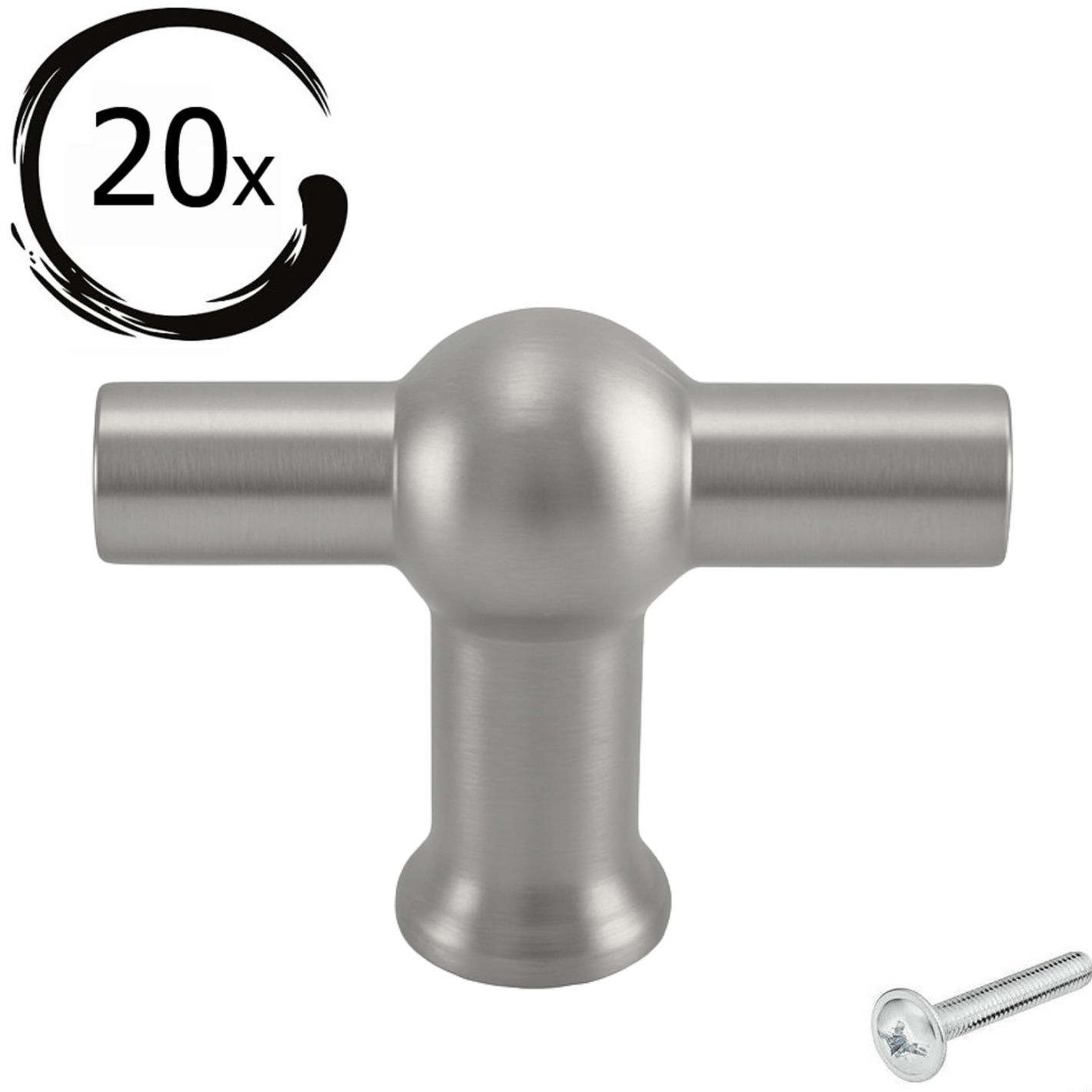 Set van 20 T-grepen Kansas 48mm RVS met centrale bol en horizontale stang, verpakt met schroef rechtsonder