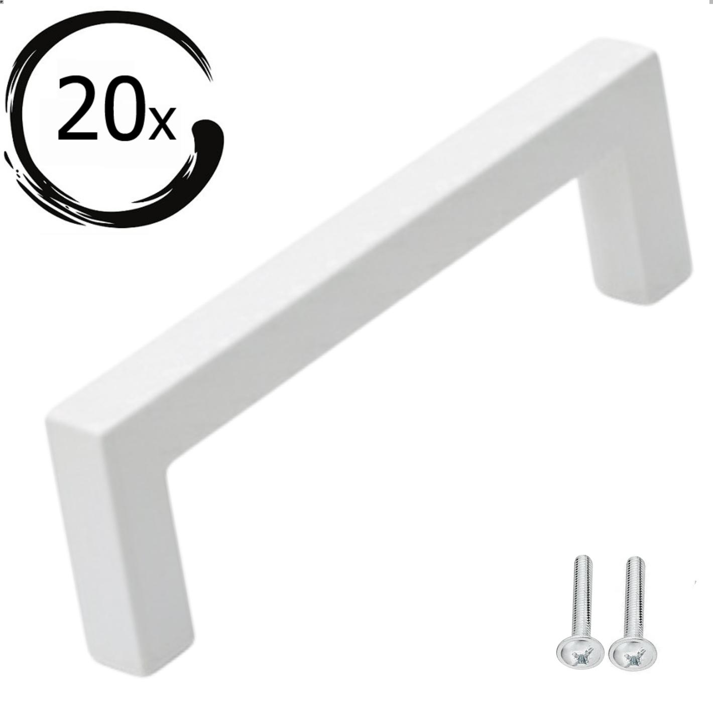 Set van 20 witte RVS handgrepen Dallas 192mm met 40 bevestigingsschroeven op witte achtergrond