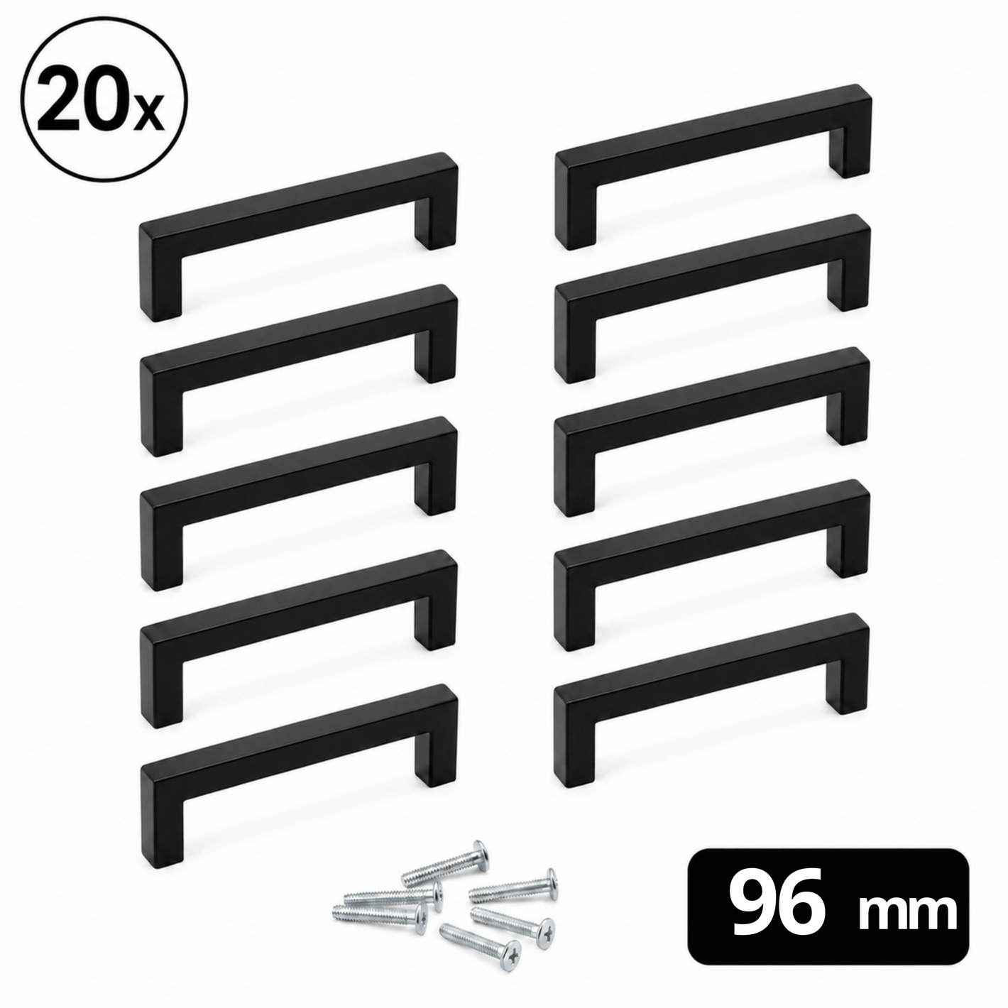 Set van 20 zwarte RVS handgrepen Dallas 96mm met bevestigingsschroeven
