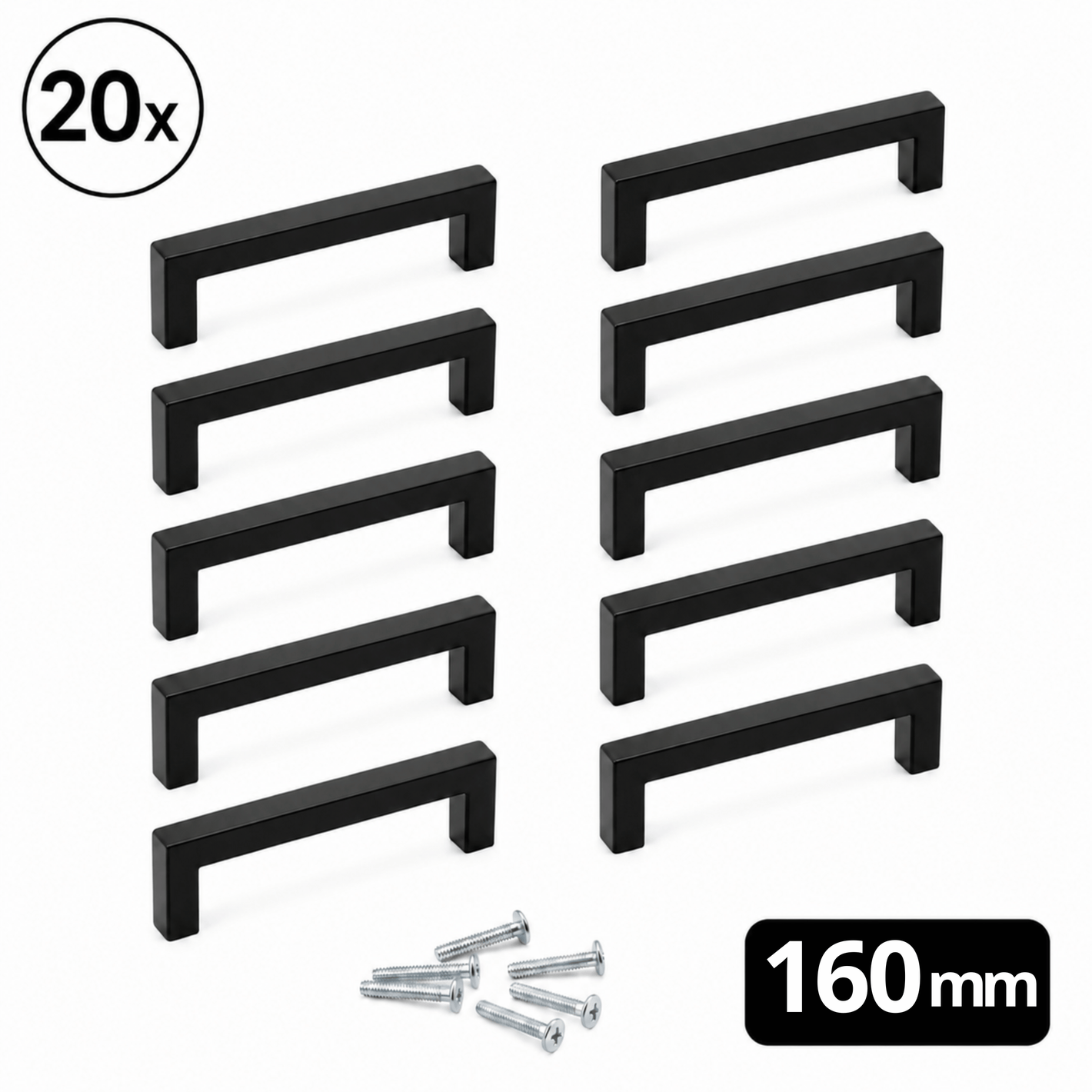 Set van 20 mat zwarte handgrepen Dallas 160mm boormaat met bevestigingsschroeven voor kastdeuren en lades