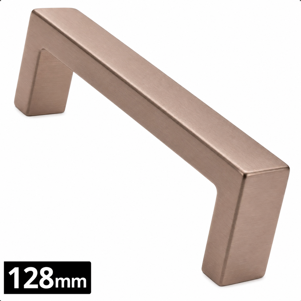 Handgreep 128mm Rose Brons RVS Atlanta afgeronde vorm met 128mm boormaat linksonder zichtbaar